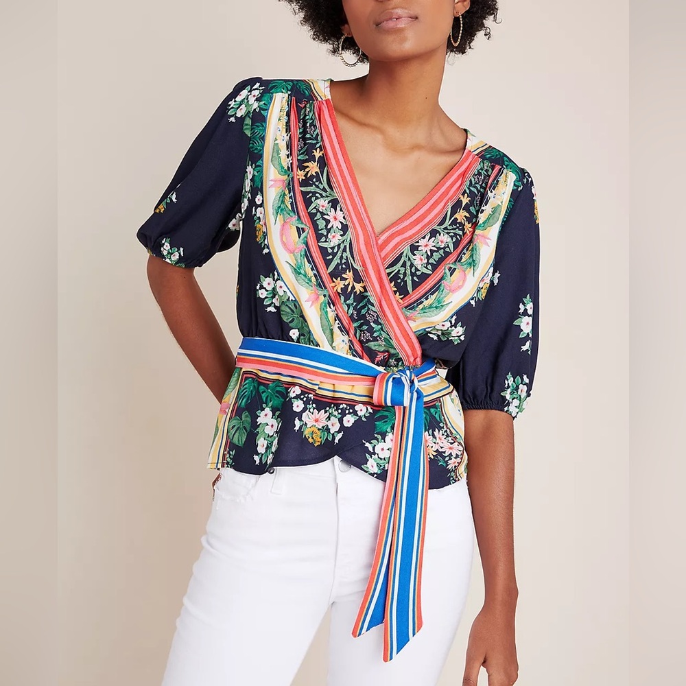 FARM Rio Navy Floral Wrap Blouse with Multicolor Stripe Sash